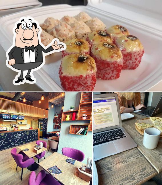 Это фотография, где изображены внутреннее оформление и еда в Suшi