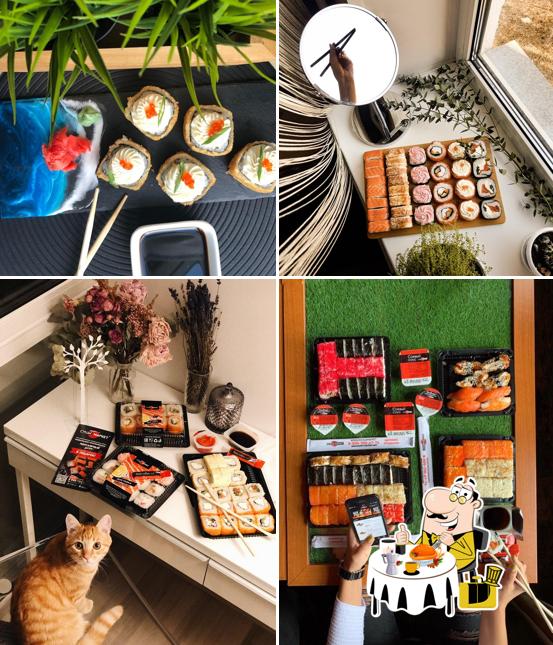 Взгляните на этот снимок, где видны еда и внутреннее оформление в Суши-Маркет