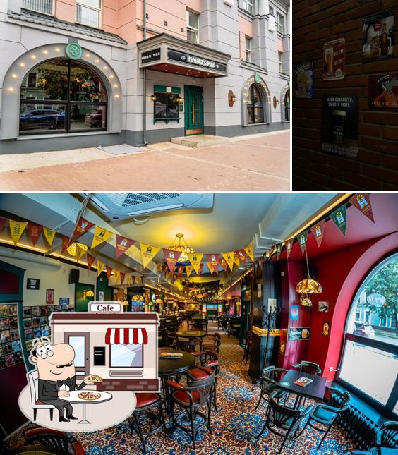 Изображение, на котором видны внешнее оформление и еда в Harat’s pub