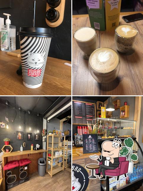 Снимок, на котором видны внутреннее оформление и напитки в British Bro Coffee