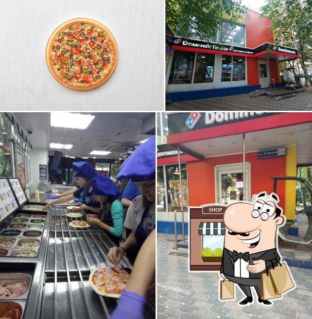 Это фотография, где изображены внешнее оформление и еда в Domino Pizza