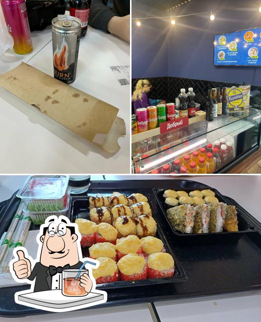 Изображение, на котором видны напитки и еда в Море Суши и Бургеры