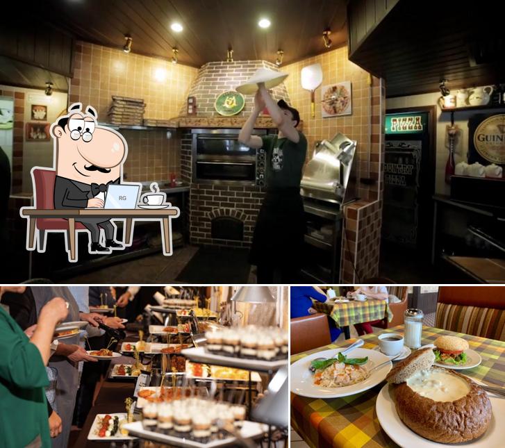 Посмотрите на внутренний интерьер "Country Pizza"