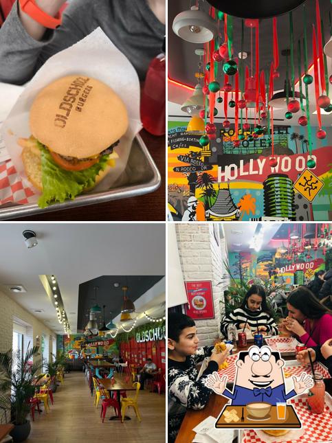 Это снимок, где изображены еда и внутреннее оформление в Oldschool burgers