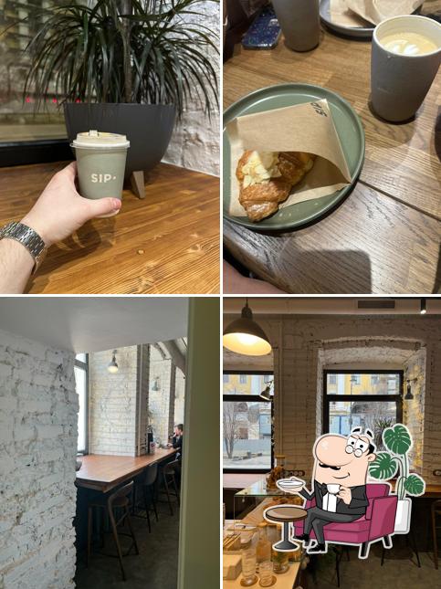 Это фото, где изображены внутреннее оформление и напитки в Sip Coffee