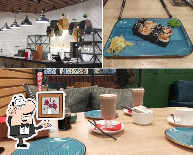 Изображение, на котором видны внутреннее оформление и еда в ПиццаФабрика