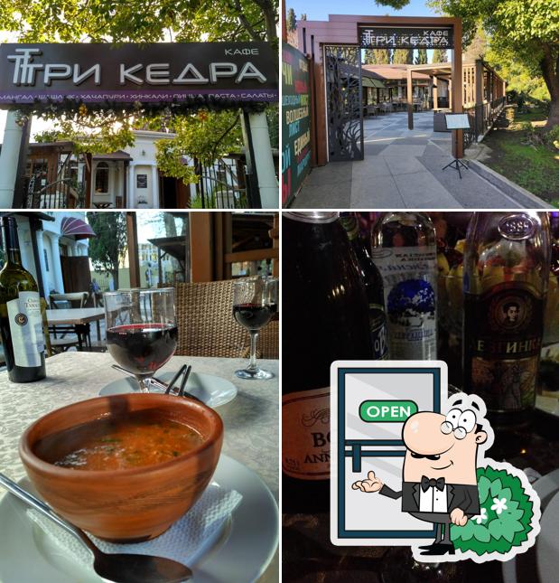 Изображение, на котором видны внешнее оформление и напитки в Три кедра