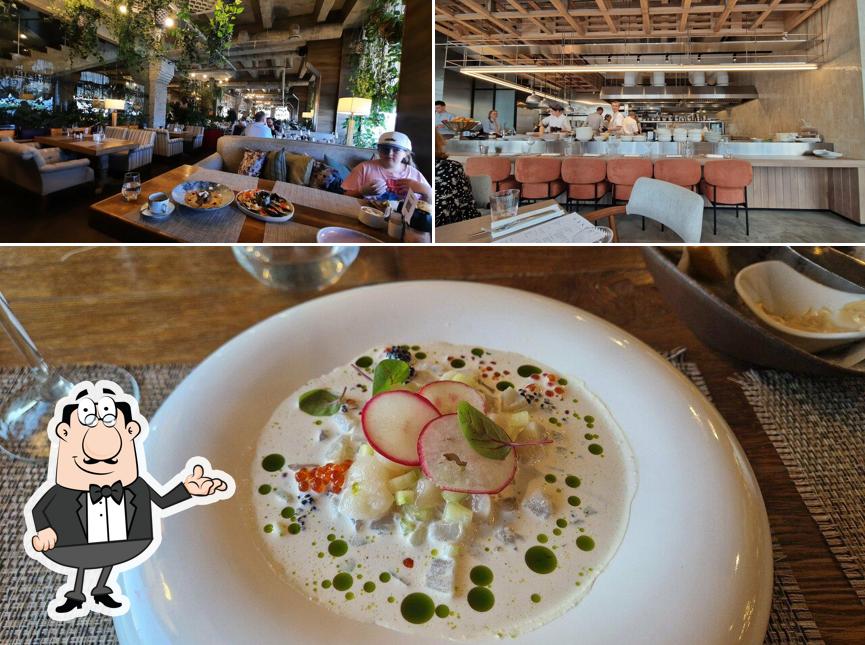 Фотография, на которой видны внутреннее оформление и еда в Терраса