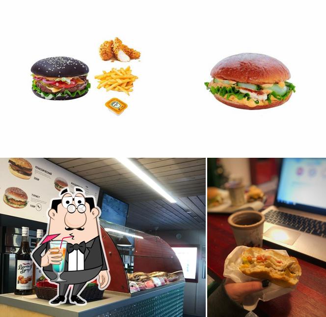 Это фотография, где изображены напитки и еда в Рафтбургер